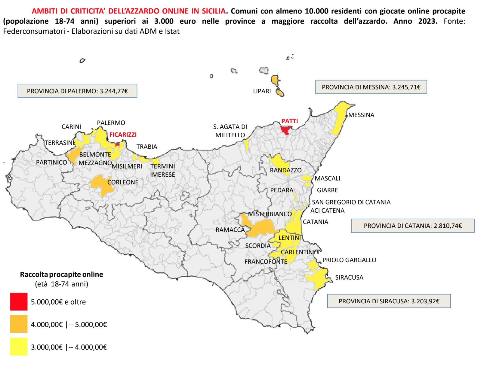 Comuni in Sicilia con almeno 10.000 residenti età 18 74 anni con giocate online superiori ai 3.000 euro pro capite